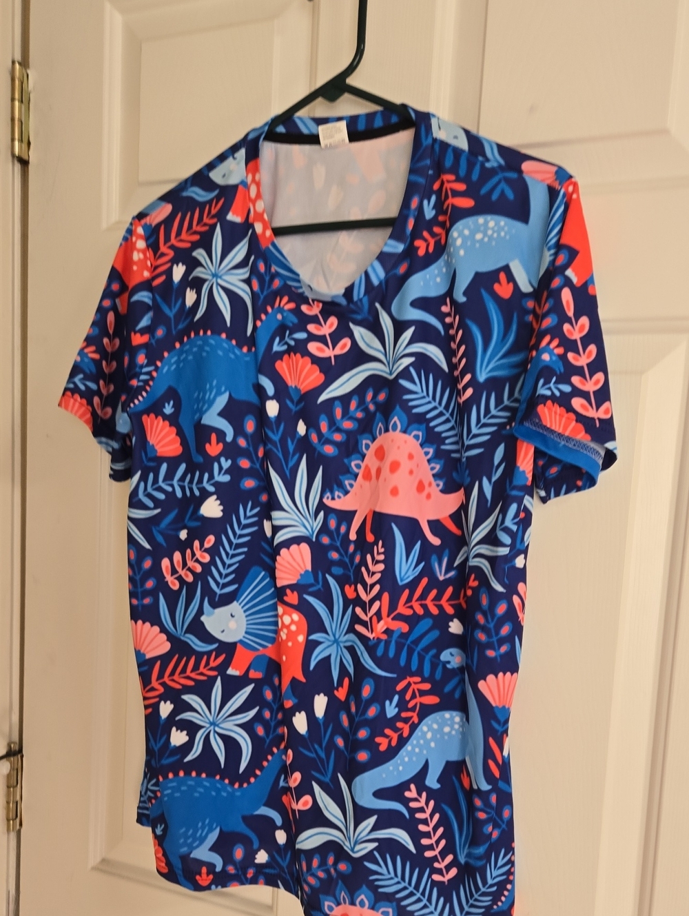 V-Neck Dino Print Top in Navy and Coral